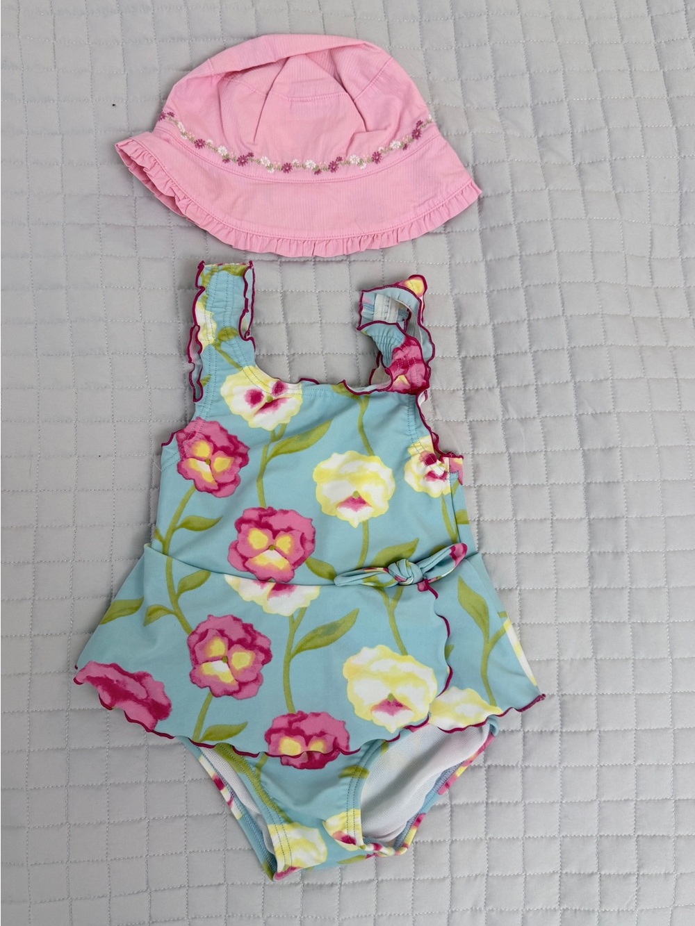 Janie and Jack Floral Ruffle One-Piece Swimsuit 12-18 mo. with Pink Sun Hat